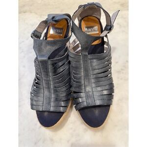 Kanna Espadrille Wedge Sandals Leather Strappy Blue Platform Size 37